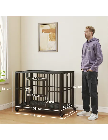 PawHut 43" Heavy Duty Dog Crate, Foldable Dog Cage, with Openable Top, Locks, Removable Tray, Wheels - Black