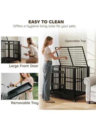 PawHut 43" Heavy Duty Dog Crate, Foldable Dog Cage, with Openable Top, Locks, Removable Tray, Wheels - Black