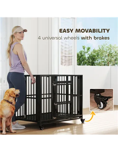 PawHut 43" Heavy Duty Dog Crate, Foldable Dog Cage, with Openable Top, Locks, Removable Tray, Wheels - Black