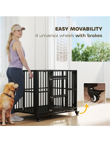 PawHut 43" Heavy Duty Dog Crate, Foldable Dog Cage, with Openable Top, Locks, Removable Tray, Wheels - Black