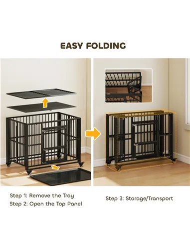 PawHut 43" Heavy Duty Dog Crate, Foldable Dog Cage, with Openable Top, Locks, Removable Tray, Wheels - Black