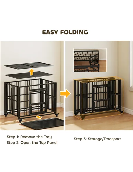 PawHut 43" Heavy Duty Dog Crate, Foldable Dog Cage, with Openable Top, Locks, Removable Tray, Wheels - Black