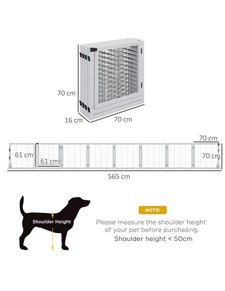 PawHut 8 Panels Foldable Pet Gate with Support Feet, for House, Doorway, Stairs, Small and Medium Dogs - White