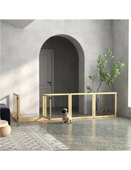 PawHut 8 Panels Foldable Pet Gate with Support Feet, for House, Doorway, Stairs, Small and Medium Dogs - Natural Wood