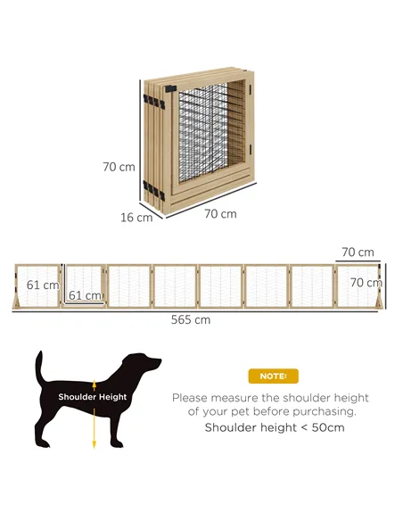 PawHut 8 Panels Foldable Pet Gate with Support Feet, for House, Doorway, Stairs, Small and Medium Dogs - Natural Wood