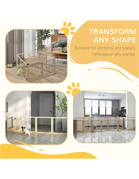 PawHut 8 Panels Foldable Pet Gate with Support Feet, for House, Doorway, Stairs, Small and Medium Dogs - Natural Wood