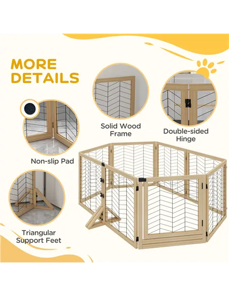 PawHut 8 Panels Foldable Pet Gate with Support Feet, for House, Doorway, Stairs, Small and Medium Dogs - Natural Wood