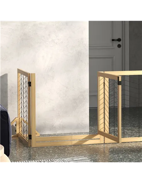 PawHut 8 Panels Foldable Pet Gate with Support Feet, for House, Doorway, Stairs, Small and Medium Dogs - Natural Wood