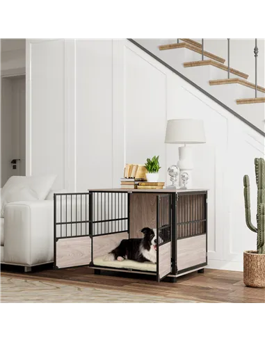 PawHut 80cm Furniture Style Dog Crate Dog Cage End Table Indoor with 3 Doors Soft Washable Cushion, for Medium Sized Dogs