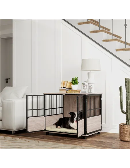PawHut 80cm Furniture Style Dog Crate Dog Cage End Table Indoor with 3 Doors Soft Washable Cushion, for Medium Sized Dogs