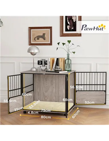 PawHut 80cm Furniture Style Dog Crate Dog Cage End Table Indoor with 3 Doors Soft Washable Cushion, for Medium Sized Dogs