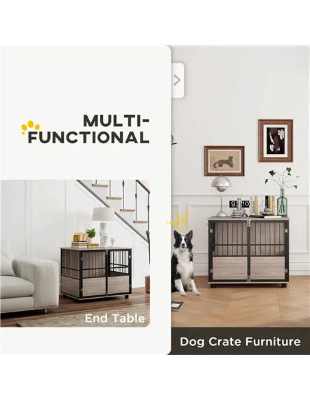 PawHut 80cm Furniture Style Dog Crate Dog Cage End Table Indoor with 3 Doors Soft Washable Cushion, for Medium Sized Dogs