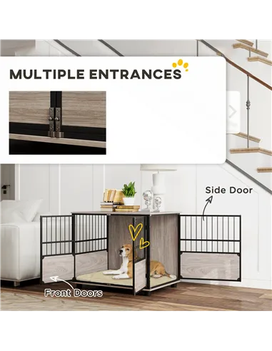 PawHut 80cm Furniture Style Dog Crate Dog Cage End Table Indoor with 3 Doors Soft Washable Cushion, for Medium Sized Dogs