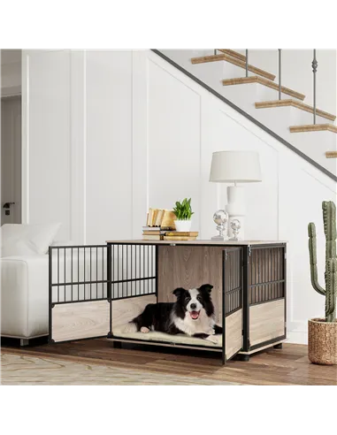PawHut 100cm Furniture Style Dog Crate Dog Cage End Table Indoor with 3 Doors Soft Washable Cushion, for Large Sized Dogs