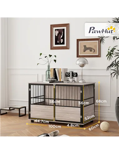 PawHut 100cm Furniture Style Dog Crate Dog Cage End Table Indoor with 3 Doors Soft Washable Cushion, for Large Sized Dogs