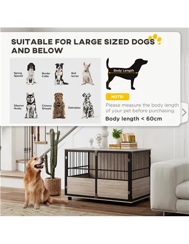 PawHut 100cm Furniture Style Dog Crate Dog Cage End Table Indoor with 3 Doors Soft Washable Cushion, for Large Sized Dogs