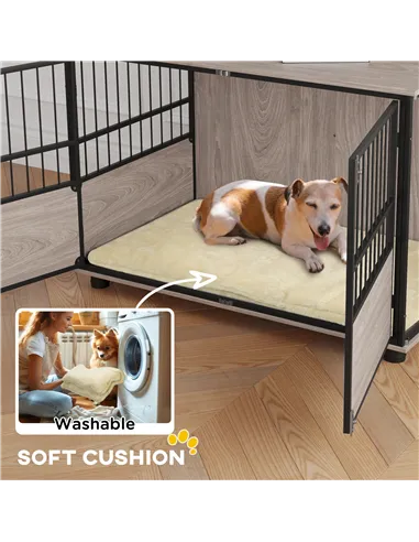 PawHut 100cm Furniture Style Dog Crate Dog Cage End Table Indoor with 3 Doors Soft Washable Cushion, for Large Sized Dogs