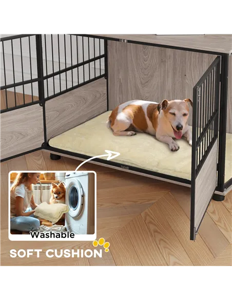 PawHut 100cm Furniture Style Dog Crate Dog Cage End Table Indoor with 3 Doors Soft Washable Cushion, for Large Sized Dogs
