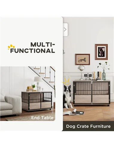 PawHut 100cm Furniture Style Dog Crate Dog Cage End Table Indoor with 3 Doors Soft Washable Cushion, for Large Sized Dogs