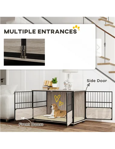 PawHut 100cm Furniture Style Dog Crate Dog Cage End Table Indoor with 3 Doors Soft Washable Cushion, for Large Sized Dogs