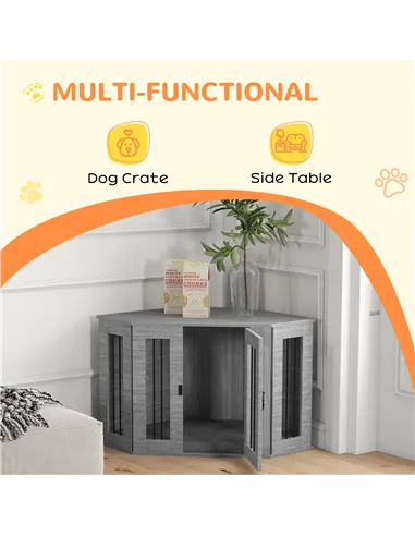 PawHut 2 in 1 Dog Crate Furniture Side Table, with Cushion, 104 x 55 x 63cm - Grey