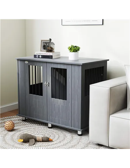 PawHut Dog Crate Table for Medium and Large Dogs with Magnetic Door for Indoor Use, 95 x 55 x 75 cm, Grey