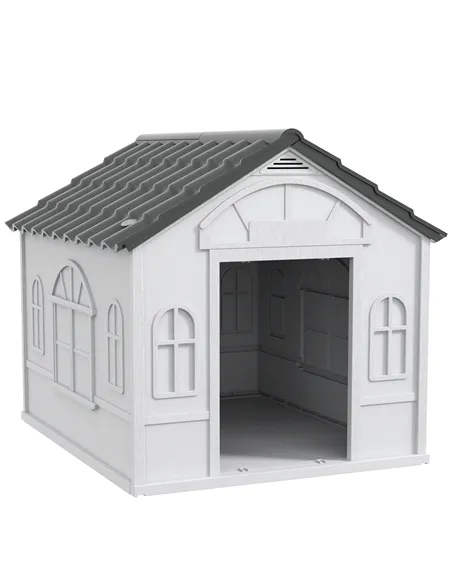 PawHut Plastic Weather-Resistant Dog House, for Indoors and Outdoors, Large Dogs - Grey