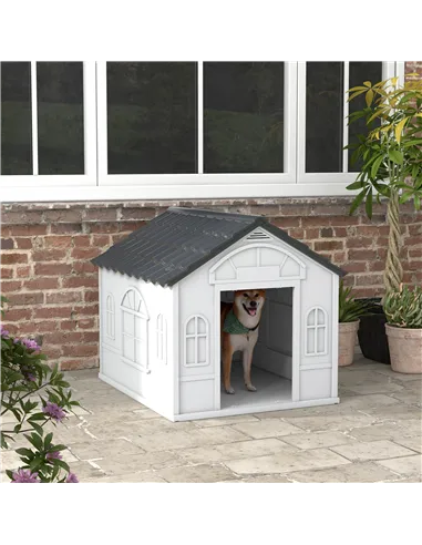 PawHut Plastic Weather-Resistant Dog House, for Indoors and Outdoors, Large Dogs - Grey