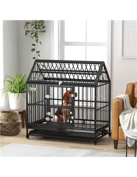 PawHut 48" Heavy Duty Dog Crate on Wheels, with Removable Tray, Openable Top, for L, XL Dogs - Black