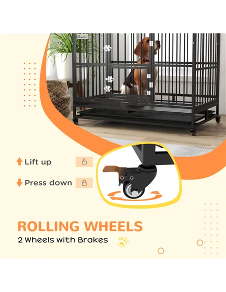 PawHut 48" Heavy Duty Dog Crate on Wheels, with Removable Tray, Openable Top, for L, XL Dogs - Black