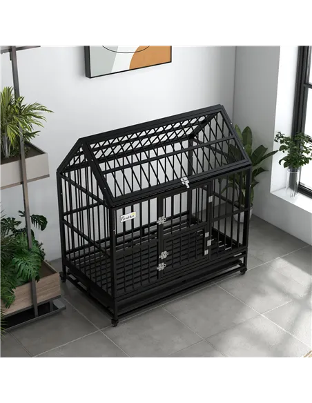 PawHut 48" Heavy Duty Dog Crate on Wheels, with Removable Tray, Openable Top, for L, XL Dogs - Black