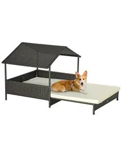 PawHut Extendable Elevated Dog Bed, Rattan Dog House, with Water-Resistant Roof, Removable Cushion, Cream