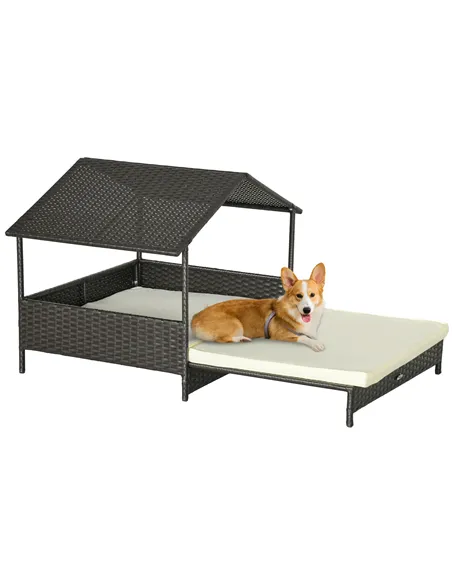 PawHut Extendable Elevated Dog Bed, Rattan Dog House, with Water-Resistant Roof, Removable Cushion, Cream