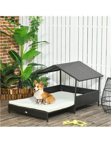 PawHut Extendable Elevated Dog Bed, Rattan Dog House, with Water-Resistant Roof, Removable Cushion, Cream