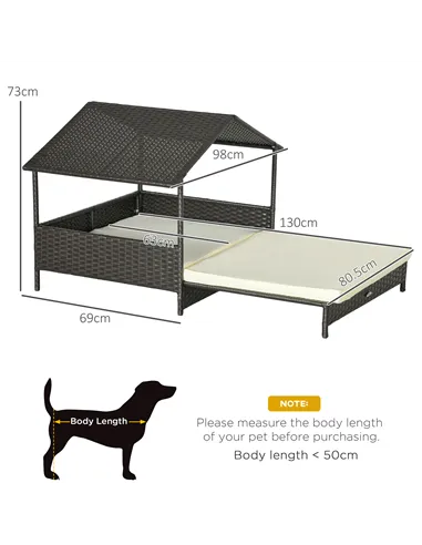 PawHut Extendable Elevated Dog Bed, Rattan Dog House, with Water-Resistant Roof, Removable Cushion, Cream