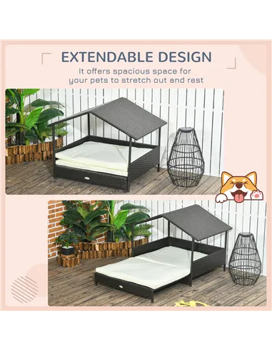 PawHut Extendable Elevated Dog Bed, Rattan Dog House, with Water-Resistant Roof, Removable Cushion, Cream