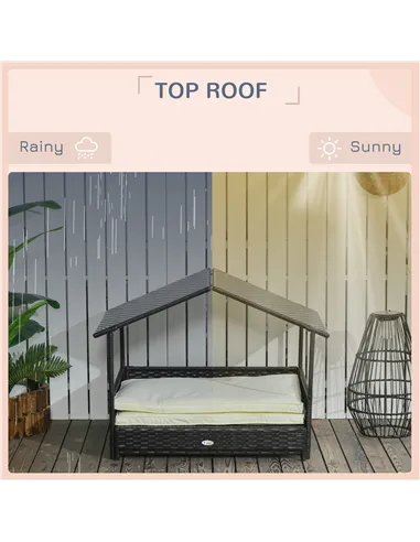 PawHut Extendable Elevated Dog Bed, Rattan Dog House, with Water-Resistant Roof, Removable Cushion, Cream