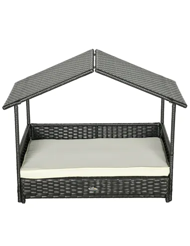 PawHut Extendable Elevated Dog Bed, Rattan Dog House, with Water-Resistant Roof, Removable Cushion, Cream