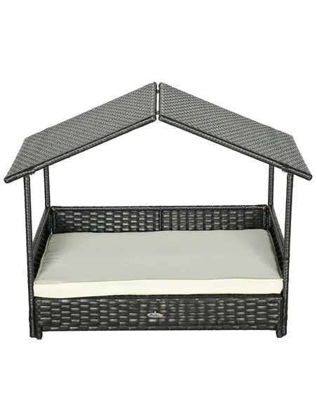 PawHut Extendable Elevated Dog Bed, Rattan Dog House, with Water-Resistant Roof, Removable Cushion, Cream