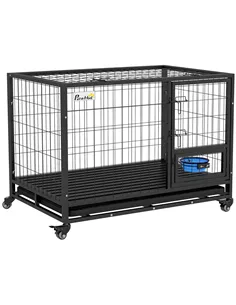 PawHut Heavy Duty Dog Crate on Wheels w/ Bowl Holder, Removable Tray, Openable Top, Detachable Door, for L, XL Dogs