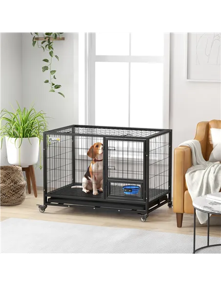 PawHut Heavy Duty Dog Crate on Wheels w/ Bowl Holder, Removable Tray, Openable Top, Detachable Door, for L, XL Dogs