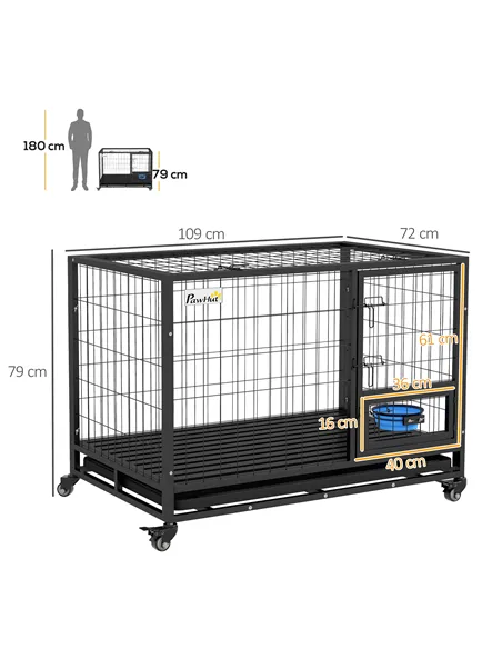 PawHut Heavy Duty Dog Crate on Wheels w/ Bowl Holder, Removable Tray, Openable Top, Detachable Door, for L, XL Dogs
