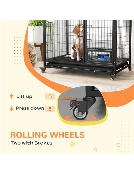 PawHut Heavy Duty Dog Crate on Wheels w/ Bowl Holder, Removable Tray, Openable Top, Detachable Door, for L, XL Dogs