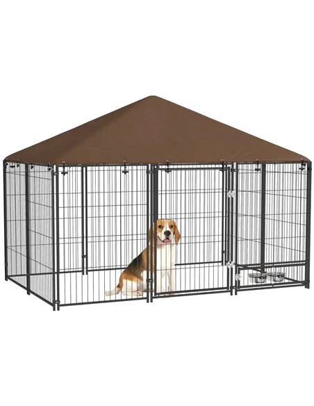 PawHut Outdoor Dog Kennel Puppy Play Pen with Canopy Garden Playpen Fence Crate Enclosure Cage Rotating Bowl 211 x 141 x 151 cm