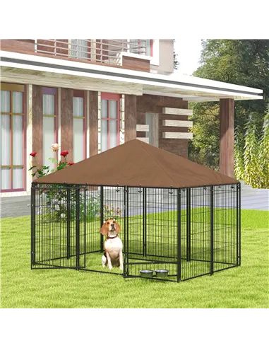 PawHut Outdoor Dog Kennel Puppy Play Pen with Canopy Garden Playpen Fence Crate Enclosure Cage Rotating Bowl 211 x 141 x 151 cm