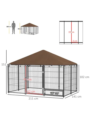 PawHut Outdoor Dog Kennel Puppy Play Pen with Canopy Garden Playpen Fence Crate Enclosure Cage Rotating Bowl 211 x 141 x 151 cm