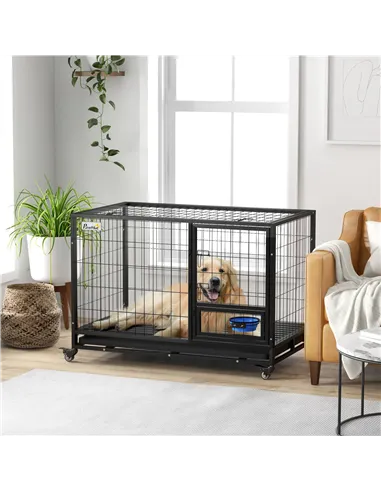 PawHut Heavy Duty Dog Crate on Wheels w/ Bowl Holder, Removable Tray, Openable Top, Detachable Door, for L, XL Dogs
