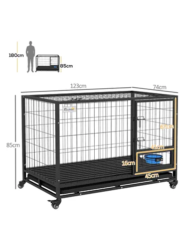 PawHut Heavy Duty Dog Crate on Wheels w/ Bowl Holder, Removable Tray, Openable Top, Detachable Door, for L, XL Dogs