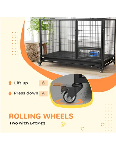 PawHut Heavy Duty Dog Crate on Wheels w/ Bowl Holder, Removable Tray, Openable Top, Detachable Door, for L, XL Dogs