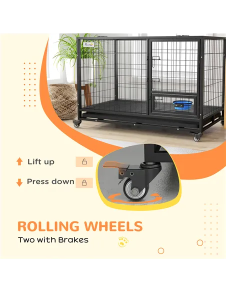 PawHut Heavy Duty Dog Crate on Wheels w/ Bowl Holder, Removable Tray, Openable Top, Detachable Door, for L, XL Dogs
